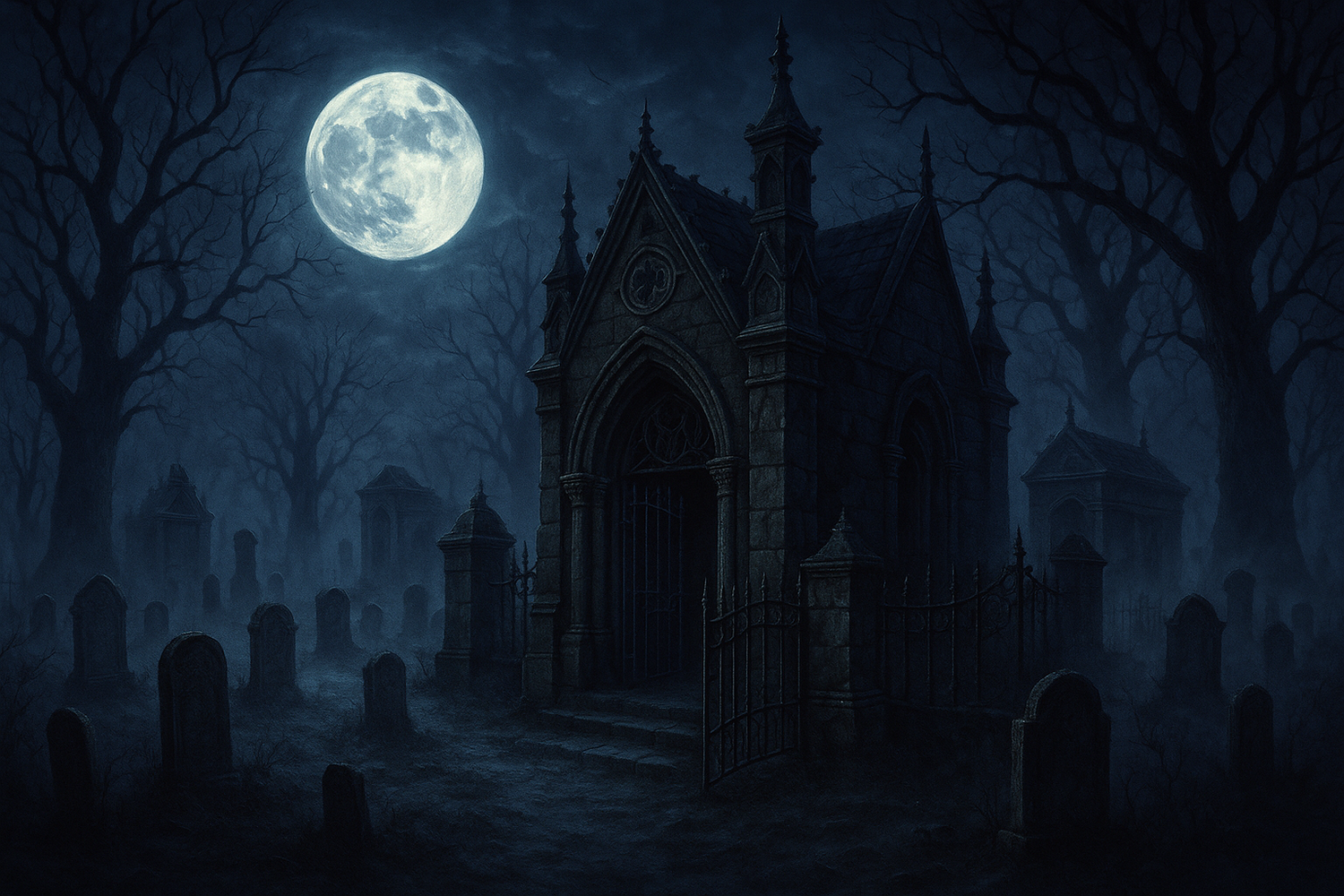 A spooky looking crypt, at night with a full moon and grave stones