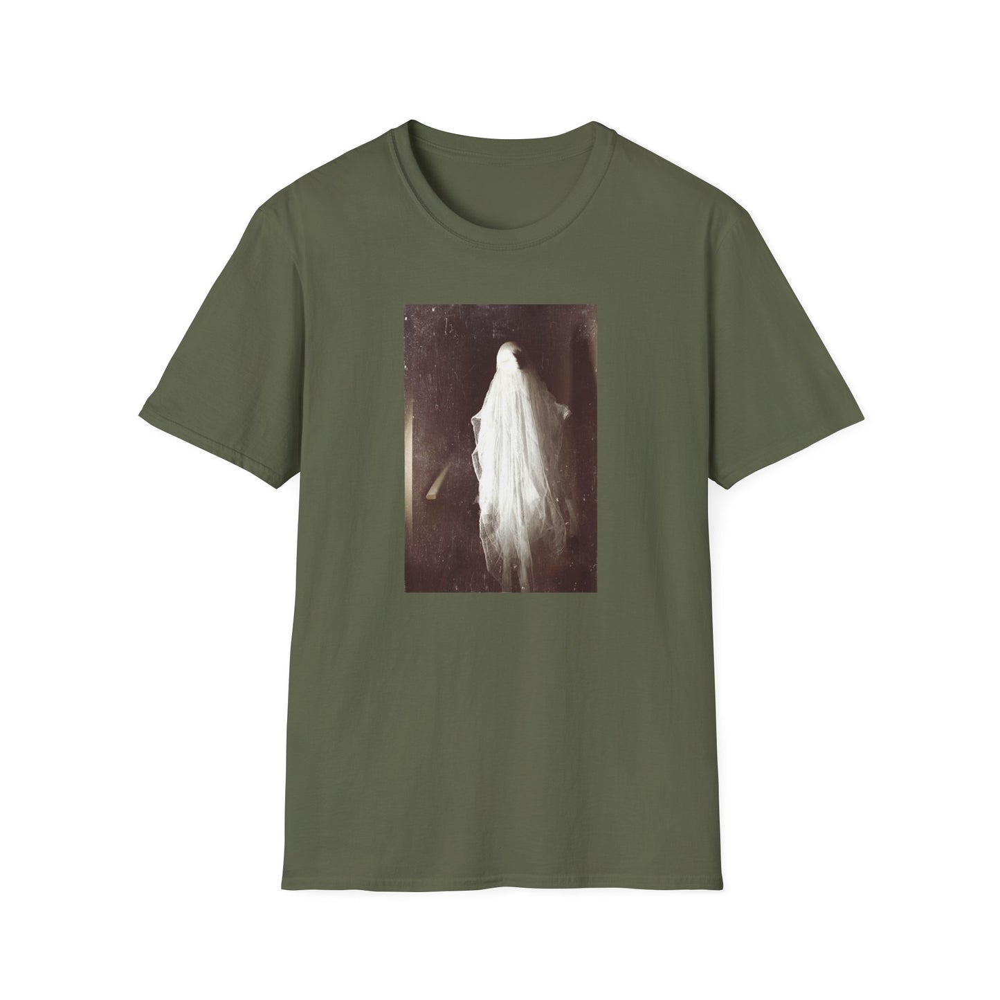 Ethereal Haunting - Ghost  image Cotton T-Shirt - Green - Softstyle Unisex-Threads from the Crypt