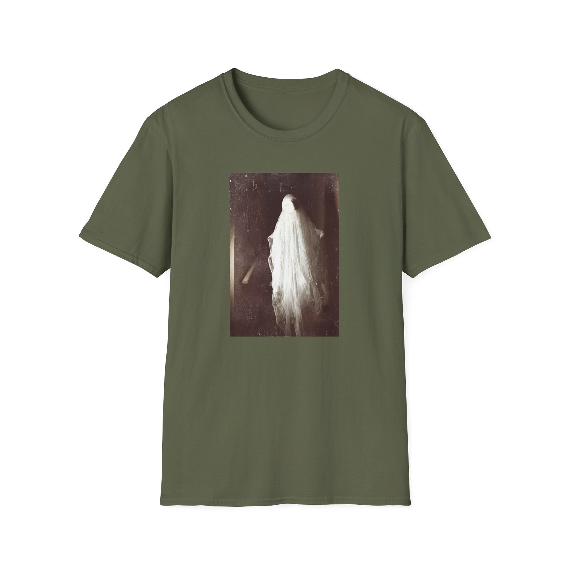 Ethereal Haunting - Ghost  image Cotton T-Shirt - Green - Softstyle Unisex-Threads from the Crypt