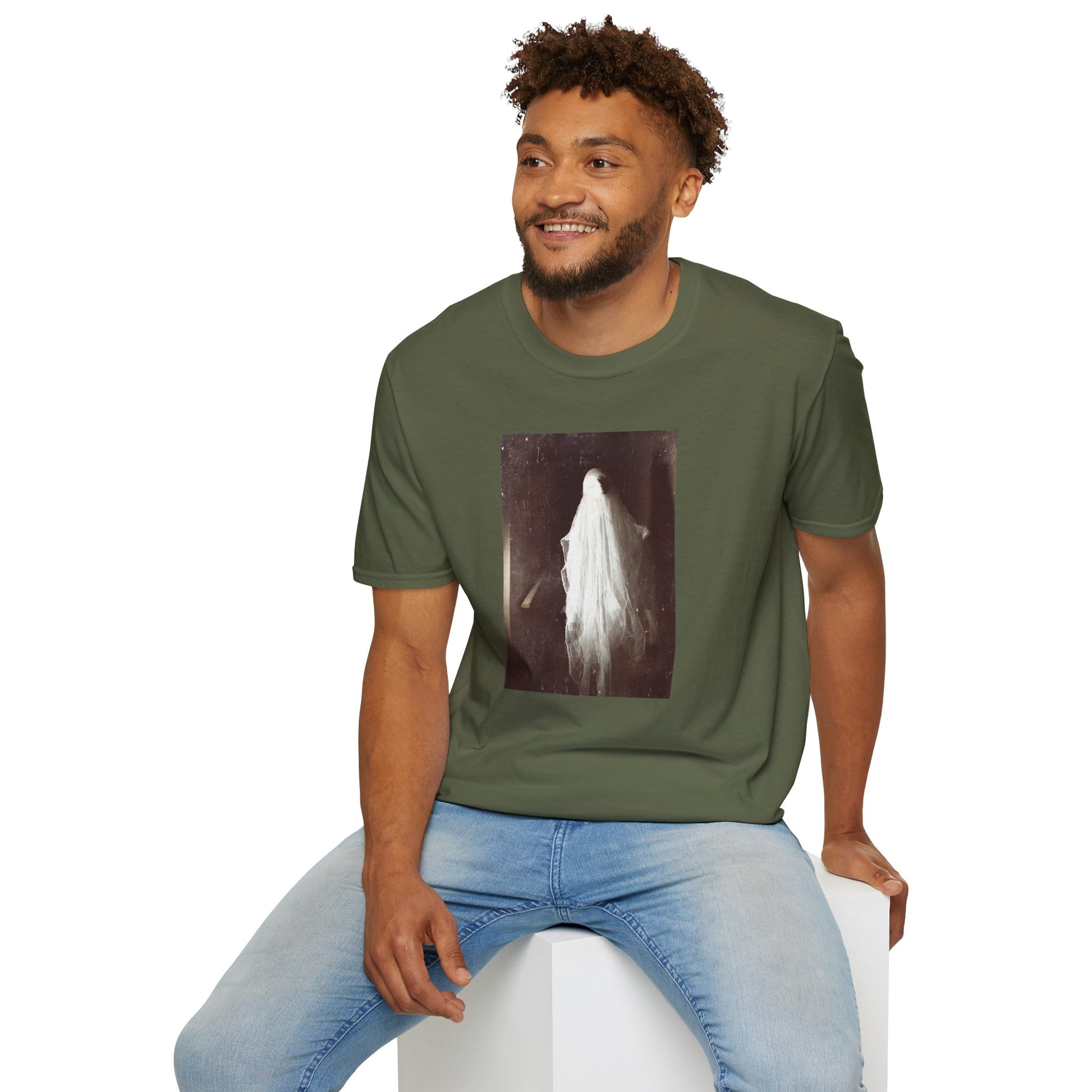 Ethereal Haunting - Ghost  image Cotton T-Shirt - Green - Softstyle Unisex-Threads from the Crypt