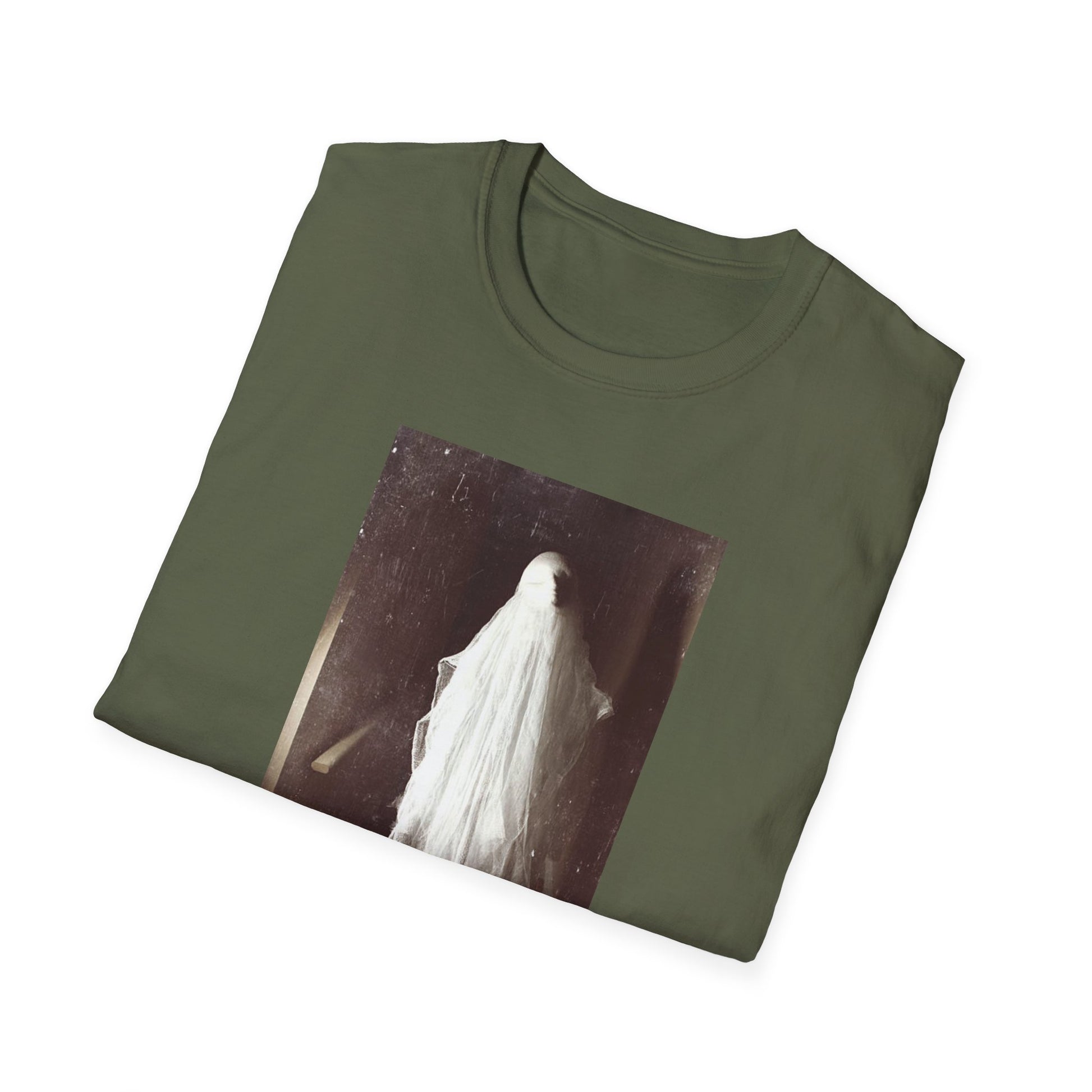 Ethereal Haunting - Ghost  image Cotton T-Shirt - Green - Softstyle Unisex-Threads from the Crypt
